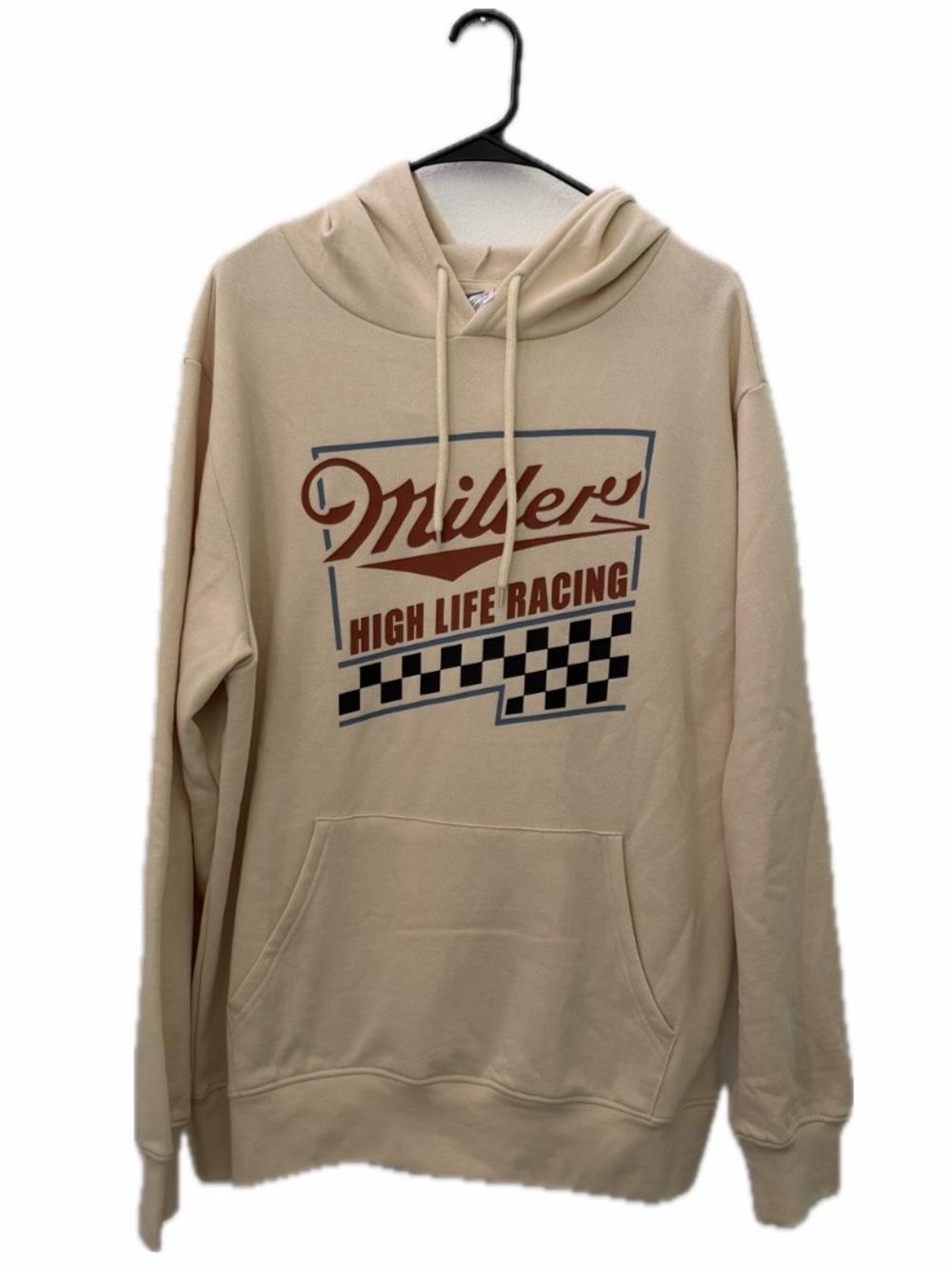 MILLER HIGH LIFE RACING UNISEX M HOODIE IN CREAM CHECKERED GRAPHIC COTTON NWOT